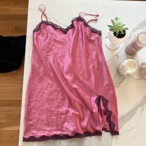 Vintage 2002 Victoria's Secret Pink Satin Chemise with Burgundy Lace